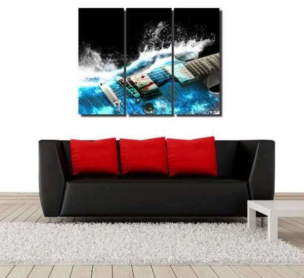 Quadro Decorativo Guitarra Azul 3 Peças Para Sala - 2