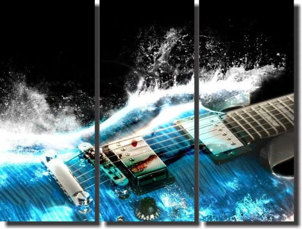 Quadro Decorativo Guitarra Azul 3 Peças Para Sala - 1