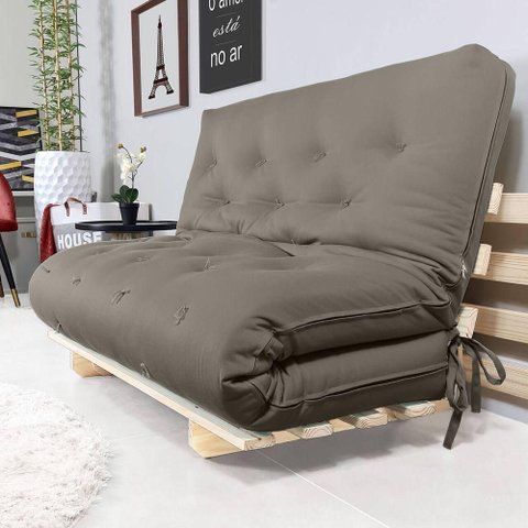 Sofa Cama Casal Futon Oriental Cinza com Madeira Maciça