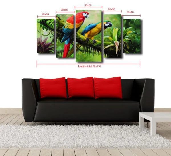 Quadro Decorativos Paisagem Casal de Araras para sala 5 peças - 2