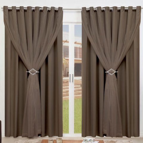 Cortina para Sala Blackout Tecido Com Voil + Presilha Ilhós Cromado 7,00m X 2,40m:Tabaco