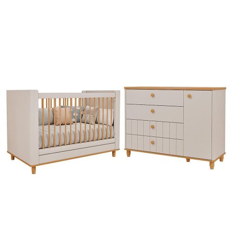 Jogo de Quarto Infantil Cupcake Cômoda 1 Porta e Berço Off White/nature - Permóbili Baby