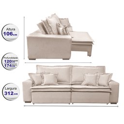 Sofá Retrátil e Reclinável com Molas Cama Inbox Premium 3,12M Tecido em Linho Bege Claro - 3