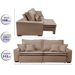 Sofá Retrátil e Reclinável com Molas Cama Inbox Premium 3,12M Tecido em Linho Bege Escuro - 3