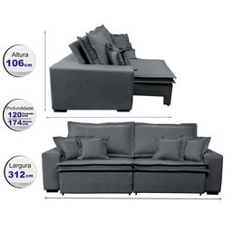Sofá Retrátil e Reclinável com Molas Cama Inbox Premium 3,12M Tecido em Linho Cinza Escuro - 3