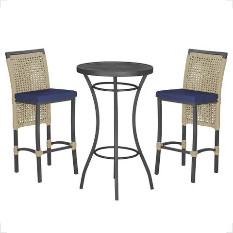 Mesa Bistrô e 2 Banquetas Roma Preta Corda Náutica Estofado 10 Trama Original