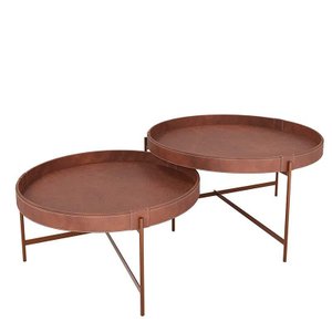 Conjunto 2 Mesas de Centro Redonda Couro Sintético Decor Patrimar Marrom