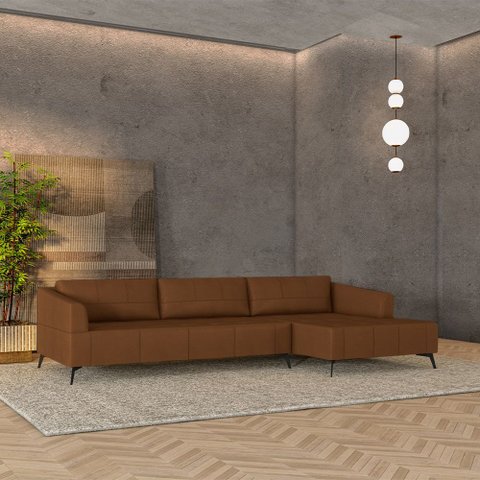 Sofá Bipartido Sala de Estar Kiara 292cm Chaise Direito Pés de Ferro Couro Caramelo G52 - Gran Belo