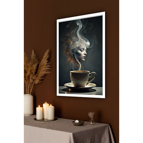 Quadro Decorativo Xícara Quente Mulher - 70x50cm:moldura Preta