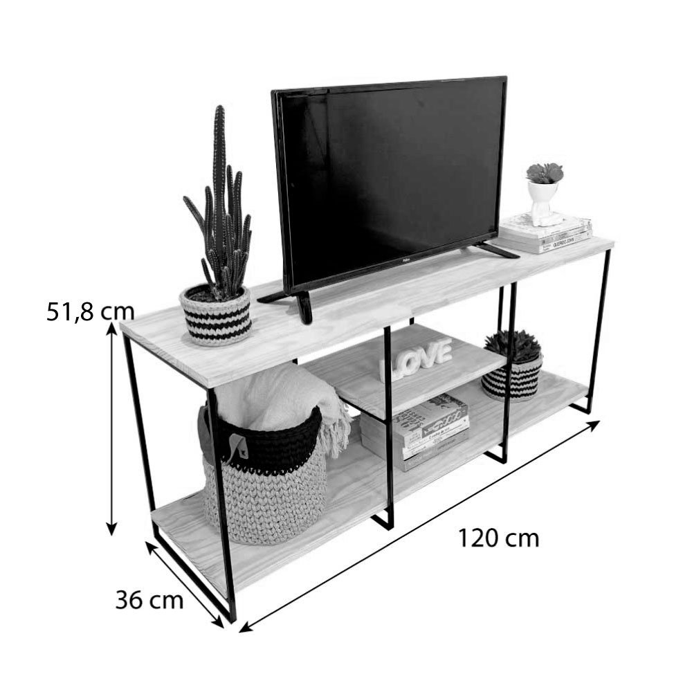 Rack de Tv Industrial de Ferro 1,20m Natural e Preto - 3