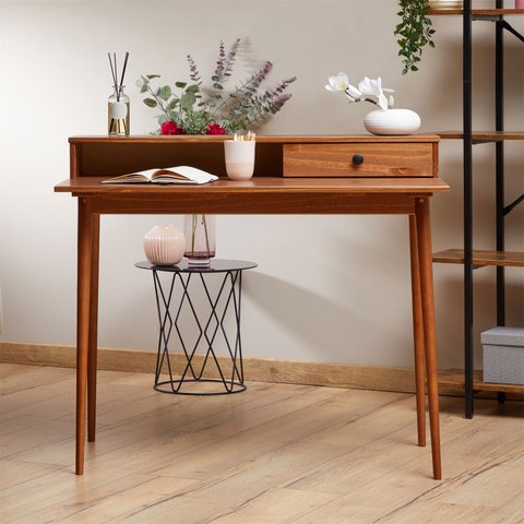 Mesa Escrivaninha Madeira 1 Gaveta Nicho Integrado Malina Castanho Verniz