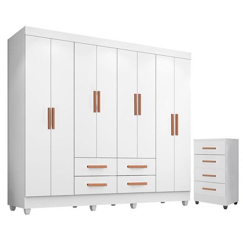 Guarda Roupa Casal Porto com Cômoda Lite 4 Gavetas Branco Brilho – Móveis Leão