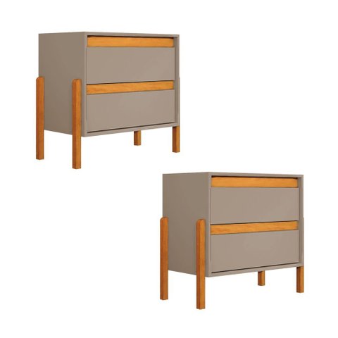 Conjunto 2 Mesas de Cabeceira Verona 2 Gavetas Pés Madeira Design para Quarto Atual - Cinza/nature