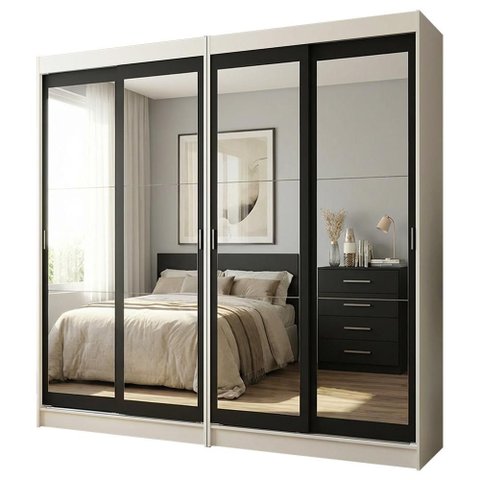 Conjunto 2 Guarda-Roupas 4 Portas de Correr com 4 Espelhos Branco/Preto Tokio Madesa