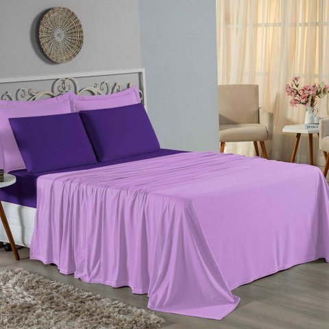 Jogo de Cama King Nobre 4 Peças Lençol com Elástico de 30cm de Altura Malha 100% Algodão - Lilá