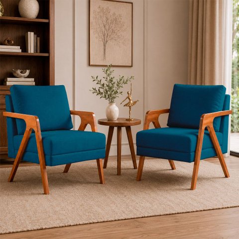 Kit 2 Poltronas Sala de Estar Maya Luxo Linho Azul M3 - Monari Design