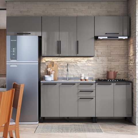 Cozinha Completa Modulada Mônaco 9 Portas 3 Gavetas MDF-MDP 280cm Chumbo-Titânio