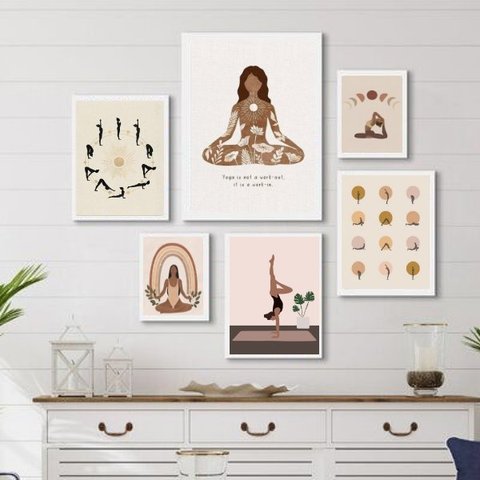 Composição 6 Quadros Decorativos Yoga:madeira Branca