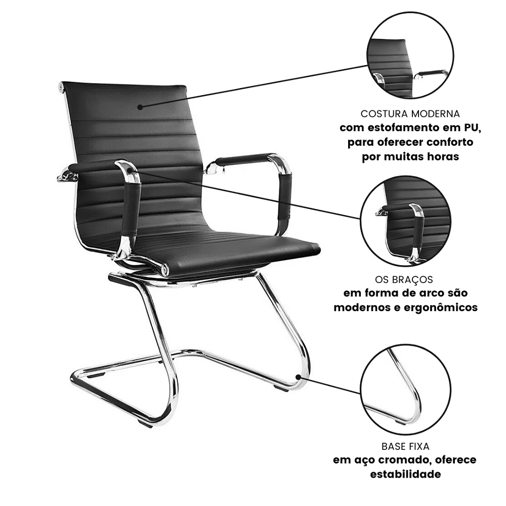 Kit 3 Cadeiras De Escritório Esteirinha Charles Eames Preta - 6