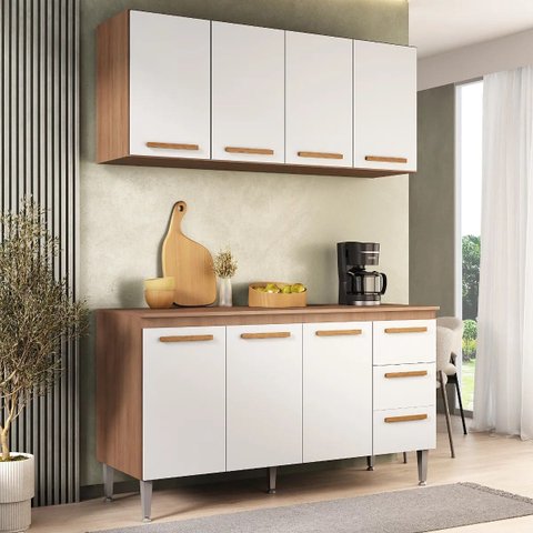 Balcão Cozinha Joia 1.50m Luxo + Aereo Madeirado/Branco