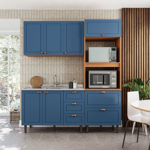 Cozinha Pérola Modulada 3 Peças Yescasa Azul/Freijó