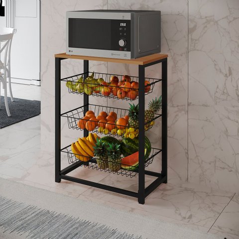 Fruteira Premium com Suporte para Micro-ondas Barcelona Aço Preto Cesto Preto Tampo Canela