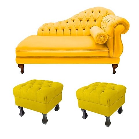 Recamier Divã Namoradeira Larissa 150cm + 2 Puffs Retrô Suede Amarelo
