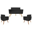 Ver imagem 1 de Kit Namoradeira + 2 Poltronas Decorativa Nina Suede Preto Pés Madeira Mz Decor