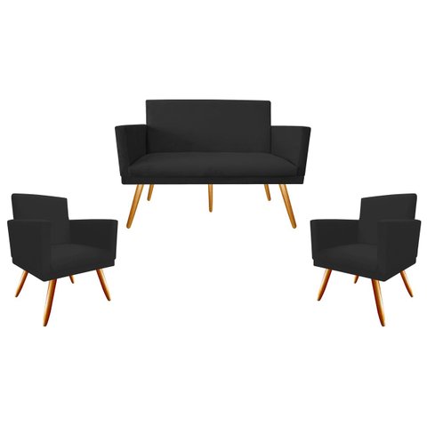 Kit Namoradeira + 2 Poltronas Decorativa Nina Suede Preto Pés Madeira Mz Decor