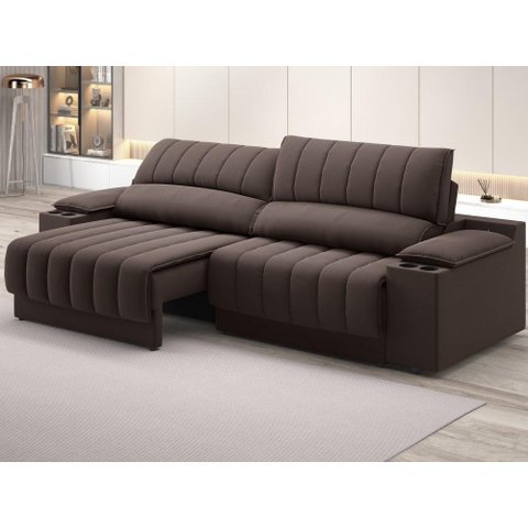 Sofá com Porta Copos Carregador USB Ret Rec Murano 2,50m Velosuede Chocolate - NETSOFAS