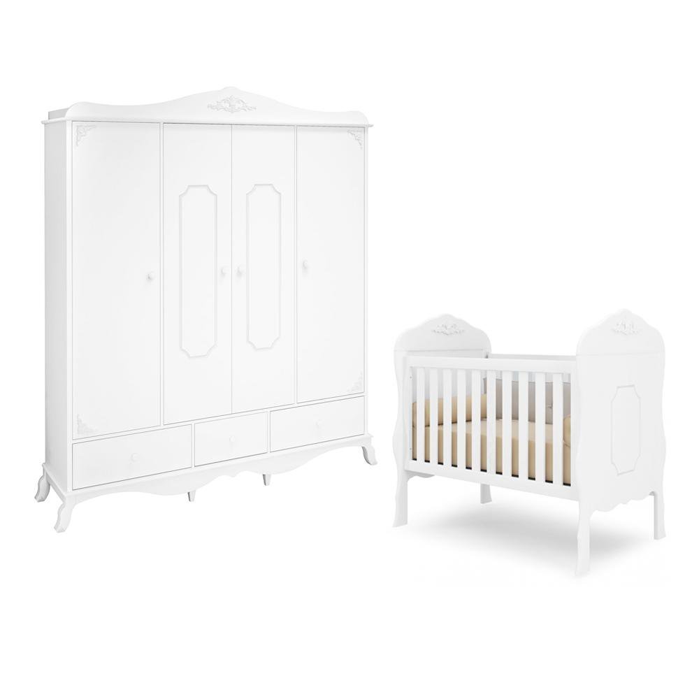 Quarto Infantil com Berço e Guarda Roupa 4 Portas Branco Canaã Baby