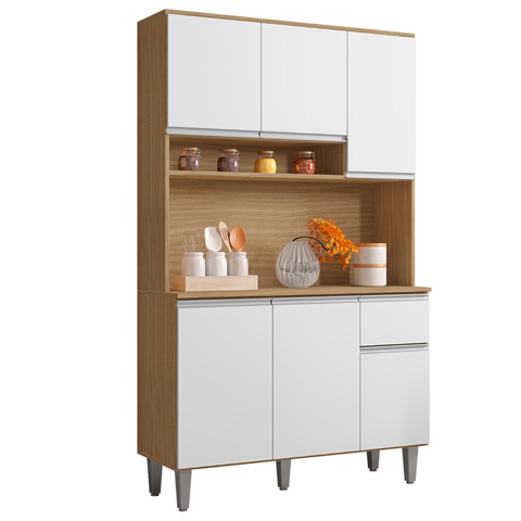 Armário de Cozinha Compacta 6 Portas 1 Gaveta Marcia Multiuso Ajl Móveis:amendoa Branco