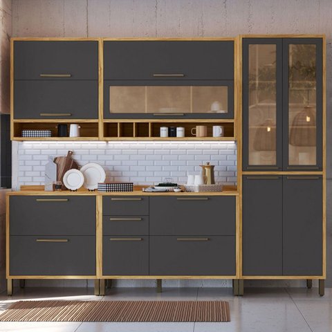 Armário de Cozinha Modulada com Balcão e Tampo 11 Portas 4 Gavetas Ágata 100% Mdf Vidro Reflecta Amê