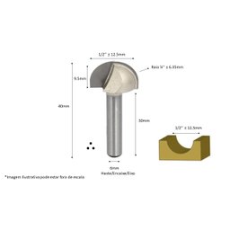 Fresa Meia Esfera / Ponta U / Meia Cana Haste 6mm Corte 1/2 - 3
