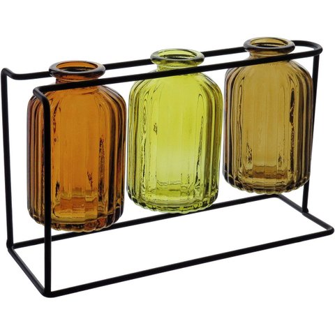 Jogo 3 Peças Vaso Garrafa Decorativo de Vidro Âmbar 13.2x22.0x7.9cm Enfeite Sala