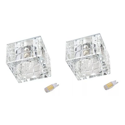 Kit 2 Spot Cristal K9 Embutir Quadrado Lavabo Hall Ac974 + Led Branco Frio 3w