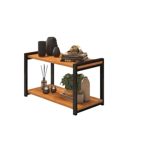 Mesa de Centro Lateral Canto Atenas 2 Prateleiras Mdf Estrutura de Metalon Moderna:preto-nature