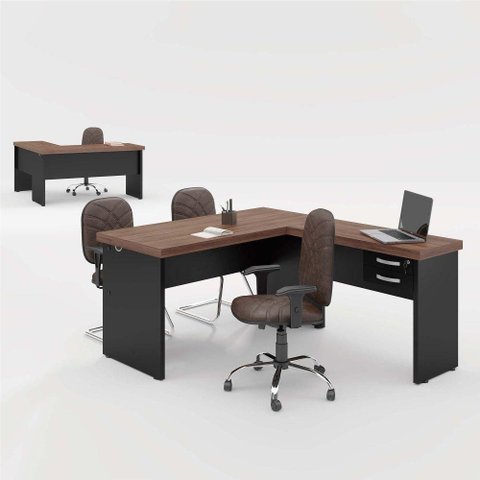 Mesa em L Aster 2 Gavetas Noce Preto