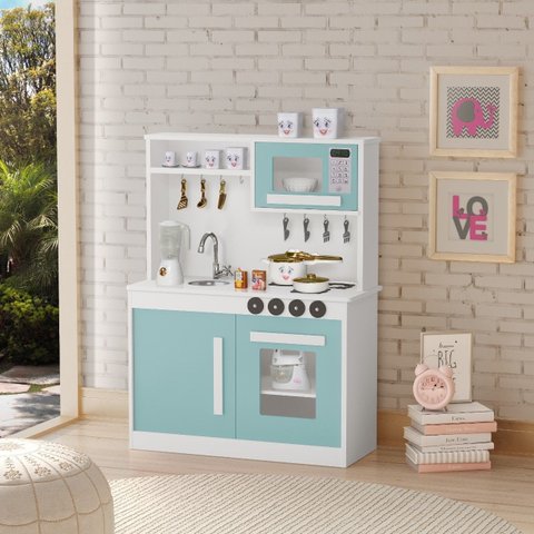 Cozinha Infantil Brincar de Faz de Conta com Pia Fogão Microondas Bancada Brinquedo:menta