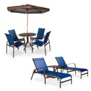 Ver imagem 1 de Conjunto 1 Mesa + 4 Cadeiras + 2 Espreguiçadeiras + 1 Mesinha de Centro + 1 Ombrelone - Marrom Azul