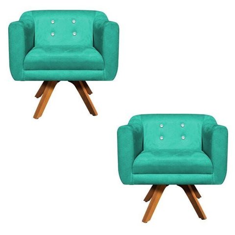 Kit 2 Poltronas Giratória Julia Suede Base Madeira com Strass - D'Rossi - Verde Tiffany