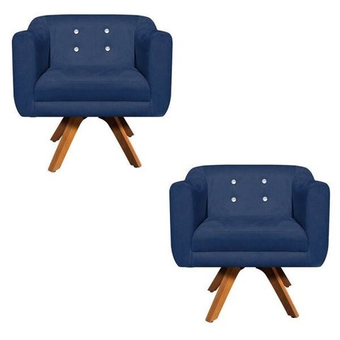 Kit 2 Poltronas Giratória Julia Suede Base Madeira com Strass - D'Rossi - Azul Marinho