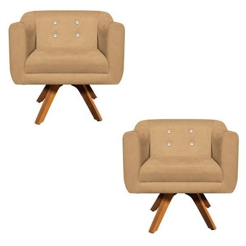 Kit 2 Poltronas Giratória Julia Suede Base Madeira com Strass - D'Rossi - Caramelo Sisal