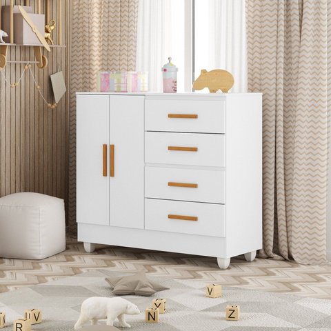 Cômoda Infantil 4 Gavetas 2 Porta MDP 12cm Pintura UV Corrediças Metálicas Lite Branco
