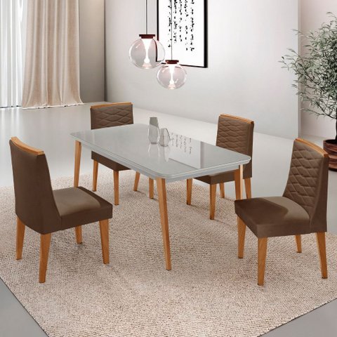 Mesa de Jantar Copper 120cm Tampo Mdf Vidro com 4 Cadeiras Eloise Moderna Mobilia