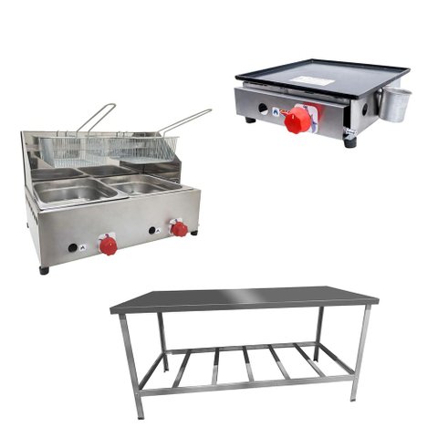 Kit Lanchonete Mesa de Manipulação 190x70cm + Fritadeira a Gás 2 Cuba + Chapa a Gás 30cm