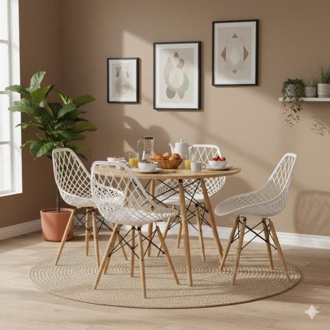Conjunto Mesa Redonda Eames Madeira 90cm + 4 Cadeiras Kaila Dsw Sala Cozinha Jantar La Mobilia