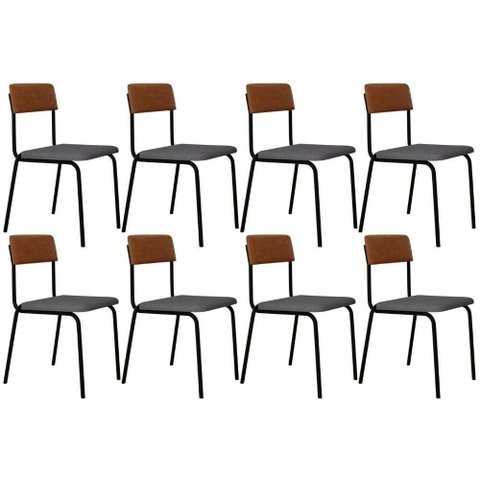 Kit 08 Cadeiras Estofada para Sala de Jantar Sense Preto C01 Linho Cinza Claro Courino Caramelo -
