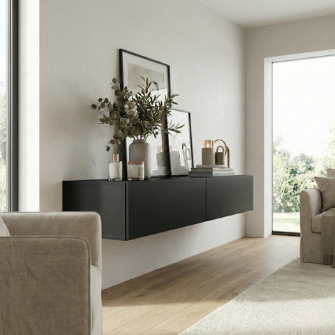 Aparador Eros 110 Suspenso com 2 Gavetas Estilo Minimalista para Sala Estar ou Escritório:preto