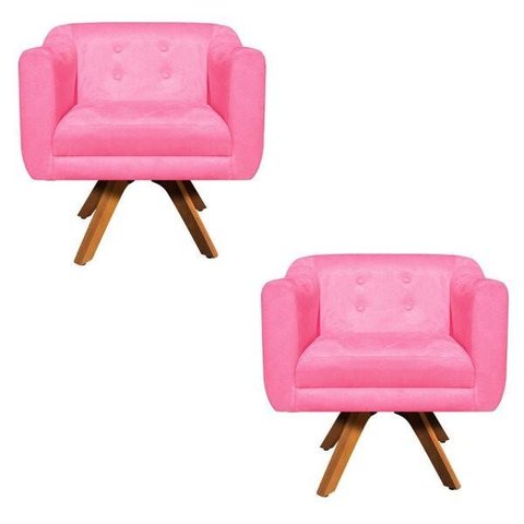 Kit 2 Poltronas Giratória Julia Suede Base Madeira - D'Rossi - Rosa Barbie